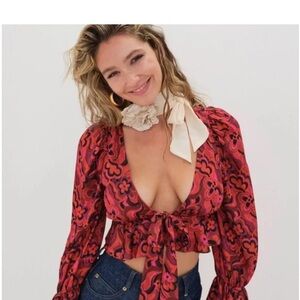 For Love And Lemons Davina Red Floral Crop Top